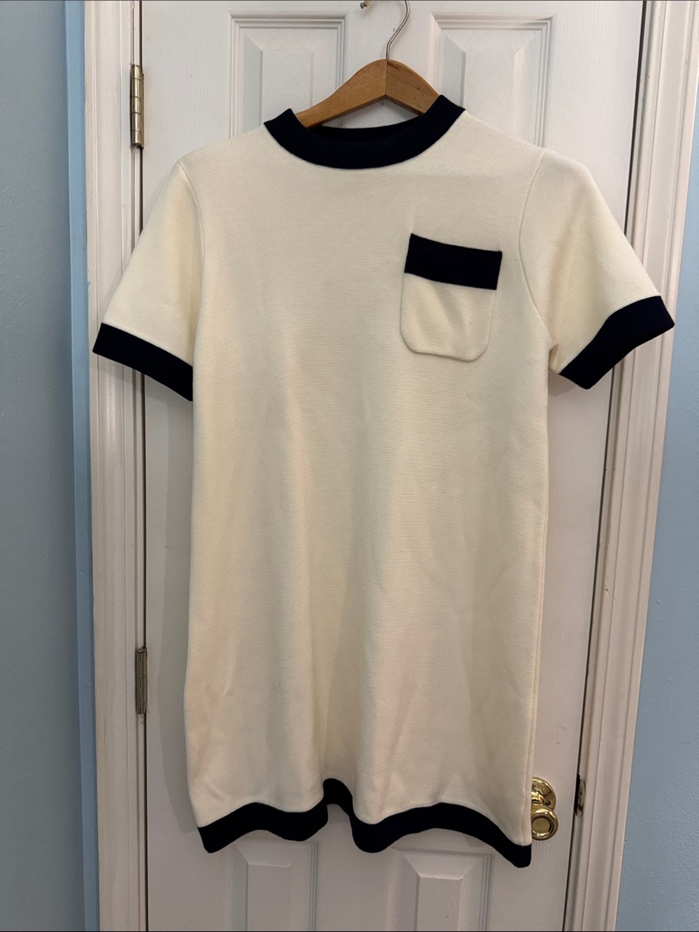 Women’s Cream Short-Sleeve Knit Top with Navy Trim